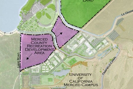 A map displays a planned recreation area north of the UC Merced campus and adjacent to Lake Yosemite.