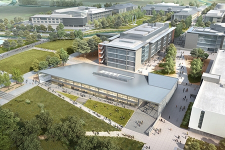 A rendering of the 2020 Project shows several new buildings with the existing campus in the background.
