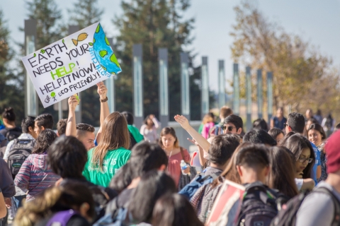 A group of students gather near Scholars Lane Bridge for an Eco-Fest event.