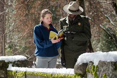 UC Merced Professor Katherine Steele Brokaw stands next to National Park Service Ranger Shelton Johnson.