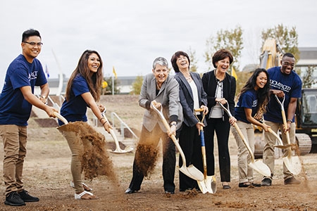 UC Merced students break ground on the Merced 2020 Project with UC President Janet Napolitano, Chancellor Dorothy Leland and Regent  Monica Lozano.