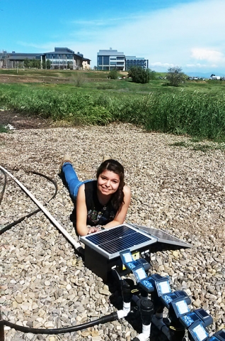 Student tinkers with a solar-powered watering system in the campus's community garden.