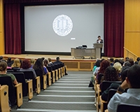 Chancellor Leland addresses the crowd during the staff convocation.