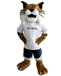 UC Merced mascot Rufus Bobcat sports a "Live United" T-shirt from the United Way.