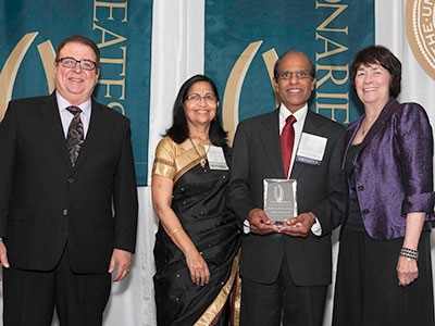 Foundation Board Chair Mike Gallo, Dr. Krishna and Sumana Thondapu and Chancellor Dorothy Leland