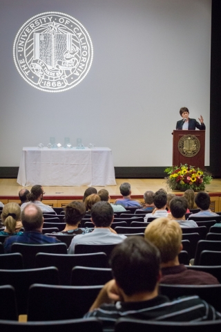 Chancellor Dorothy Leland addresses audience members during the annual convocation.