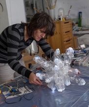 Diego works on an electronic piece of art for her upcoming exhibition in Merced. Photo by Carol Diego.