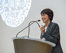 Chancellor Dorothy Leland addresses staff members in the Dr. Lakireddy Auditorium.