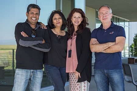 From left to right, professors Ajay Gopinathan, Sayantani Ghosh, Kara McCloskey and Victor Muñoz
