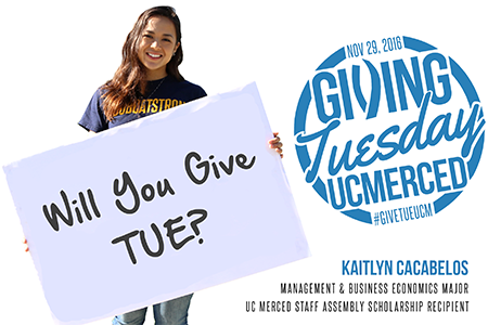 A female student wearing a Bobcat Strong T-shirt holds a sign that reads, "Will You Give Tue?" in reference to Giving Tuesday.