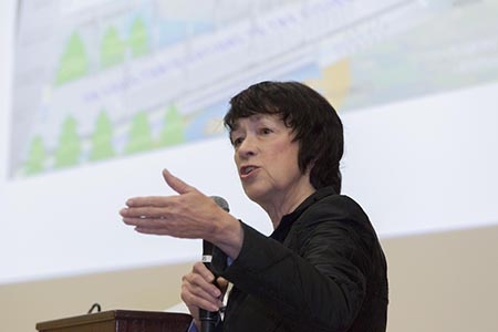 UC Merced Chancellor Dorothy Leland addresses staff members during the Annual Staff Meeting