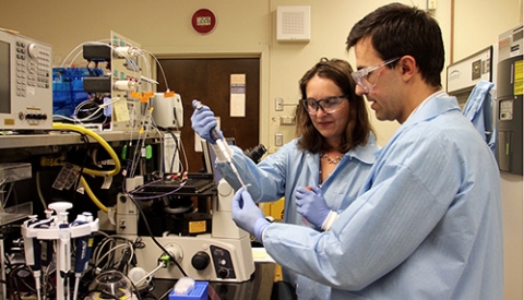 Professor Gabriella Loots, left, works with another researcher to recognize microscopic markers that indicate cancer is spreading.