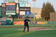 Chancellor Dorothy Leland threw the first pitch at Chukchansi Park Aug. 26 during UC Merced Night with the Fresno Grizzlies.