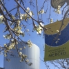UC Merced's Central Plant Building is pictured with a UC Merced banner and tree foliage in the foreground.